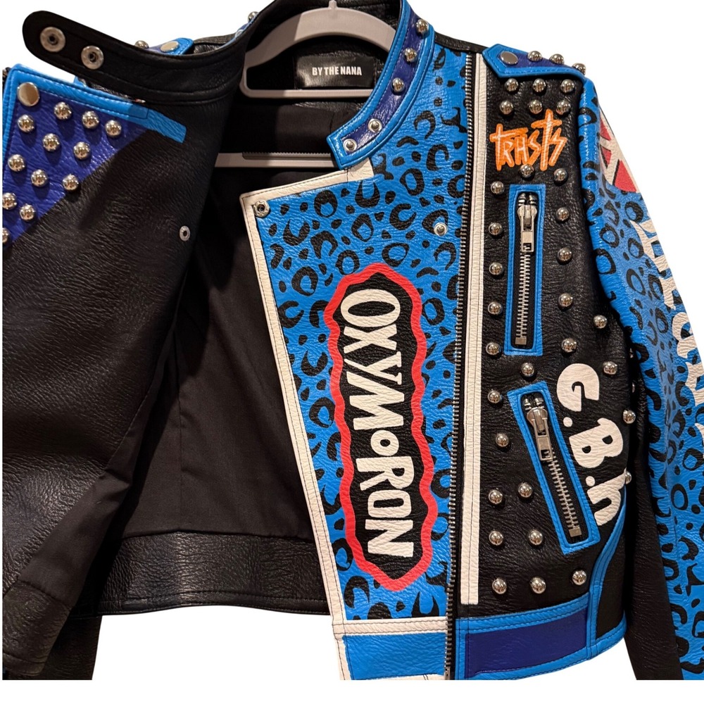 BY THE NANA Studded‎ Leather Cropped Motorcycle Jacket Blue Leopard Print Size L - Picture 4 of 7